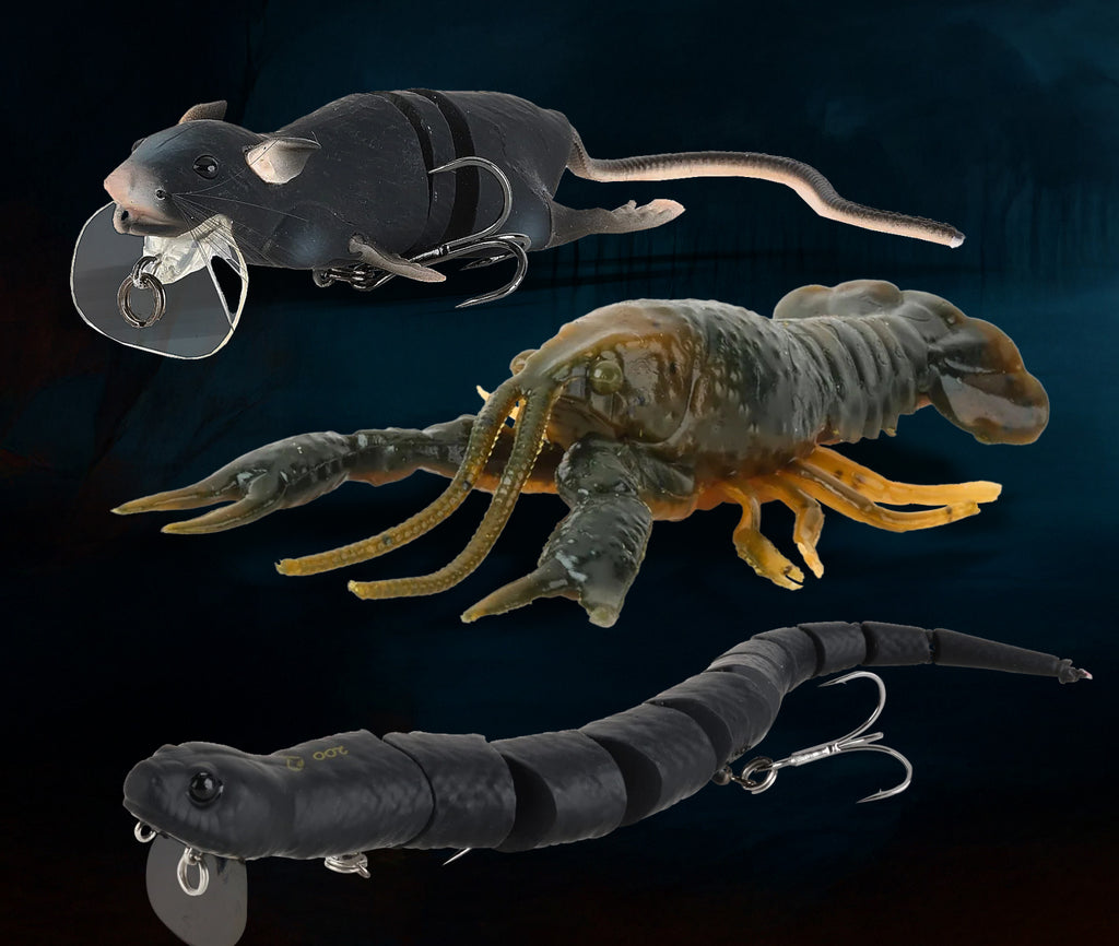 Three black Savage Gear Bait on black background for a Halloween themed promotional banner. 