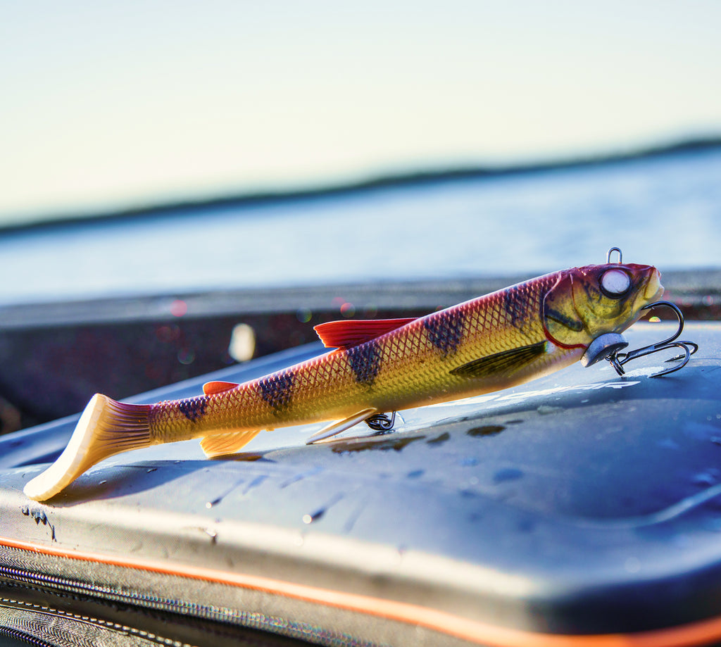 Savage Gear Swimbait up close ontop of a cooler. 